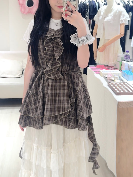 格紋荷葉邊不規則背心套裝