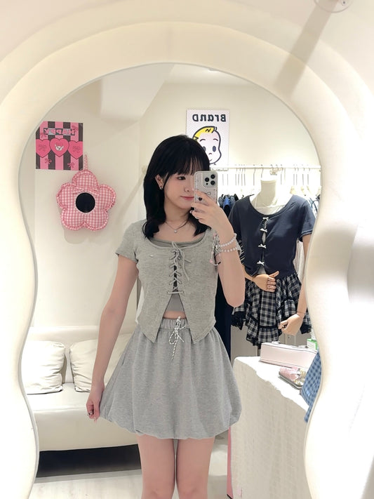 交叉綁帶上衣+澎澎短裙Set