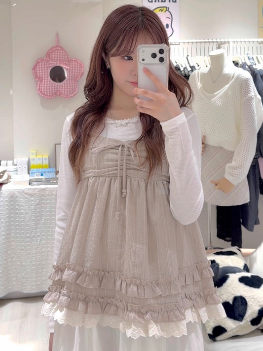 熱賣🌸混色直紋綁帶花邊背心