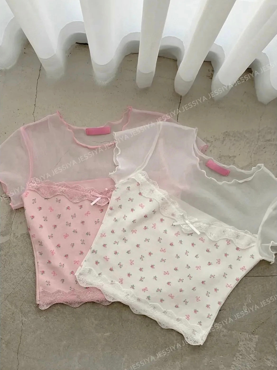 碎花蝴蝶結網紗短Tee