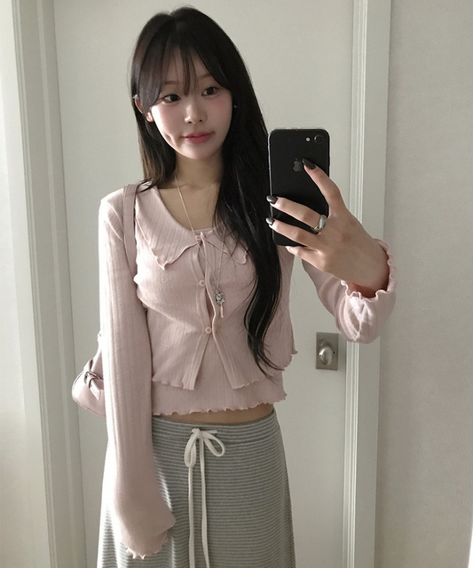 暗花紋翻領上衣+小背心Set