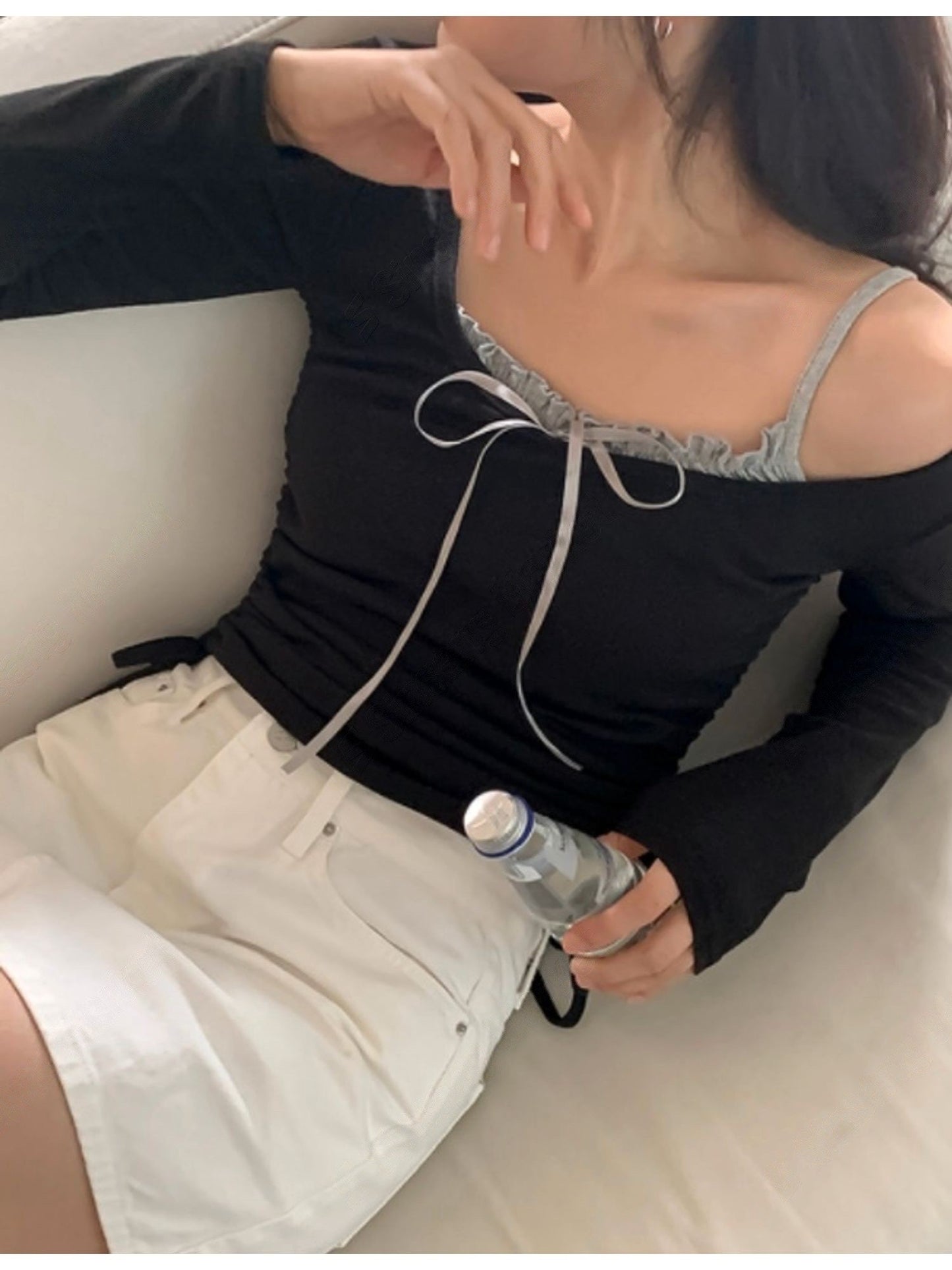 蝴蝶結抓皺背心+抽繩top set