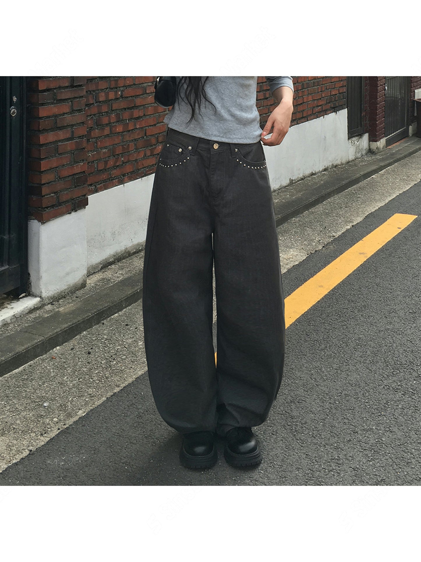 小鉚釘口袋洗水牛仔褲