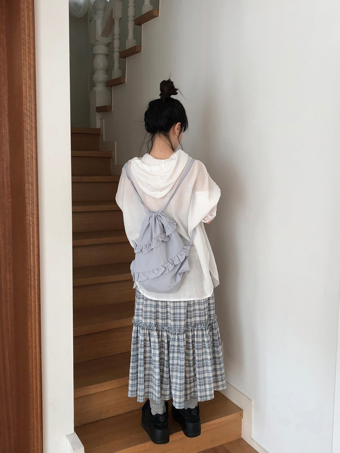 鬆緊腰格紋花邊長裙