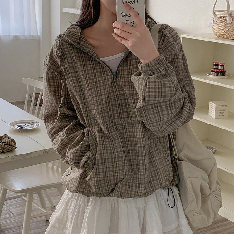 韓姐姐👧🏻半拉鍊格紋上衣