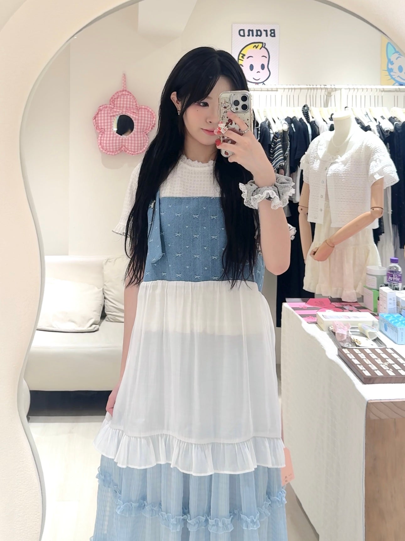 蝴蝶結牛仔拼接背心套裝