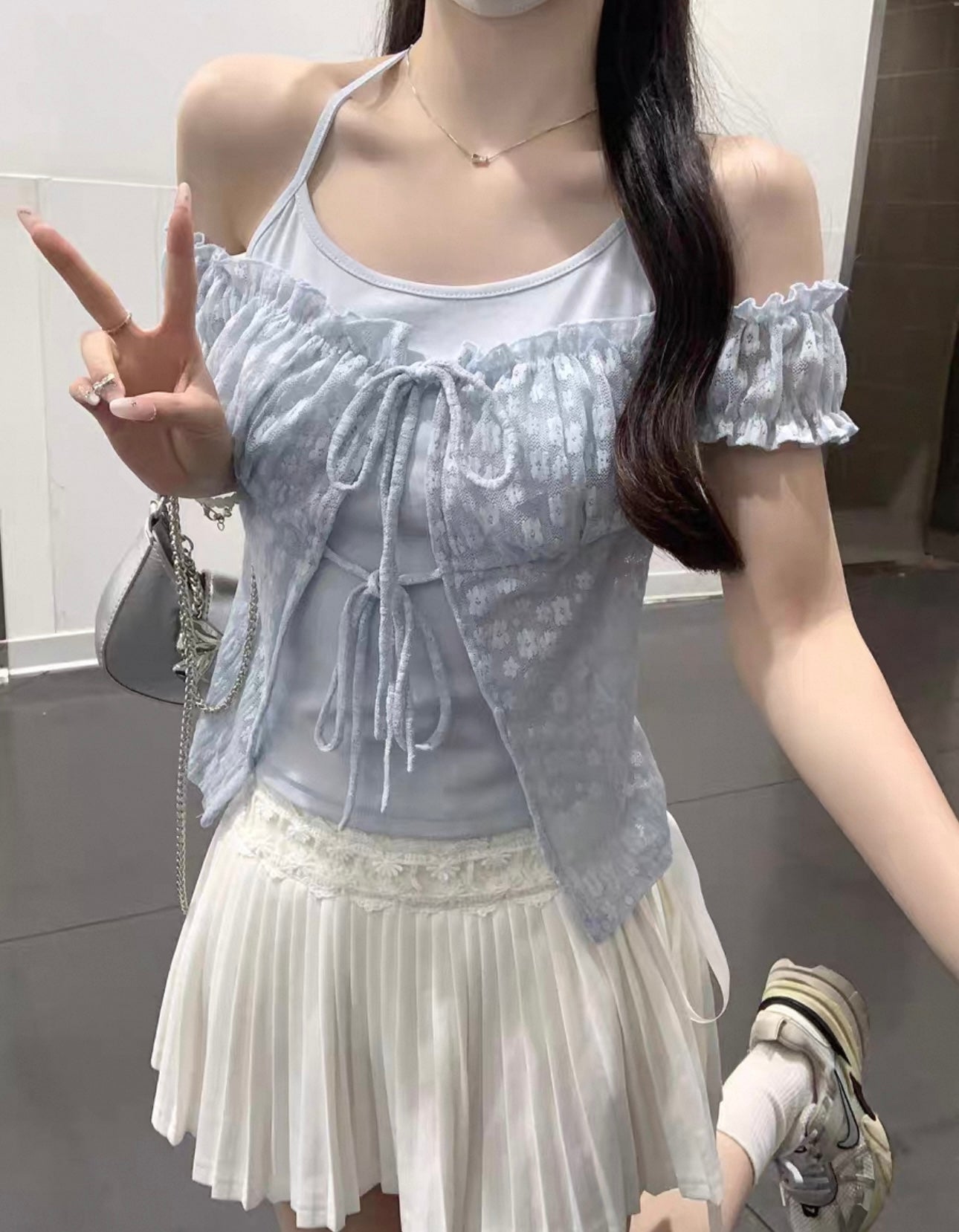 假兩件花花綁帶短Tee