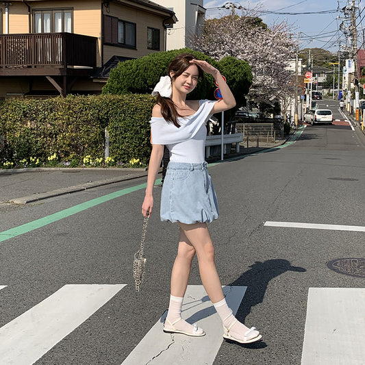 牛仔材質*๑♡可愛花苞短裙