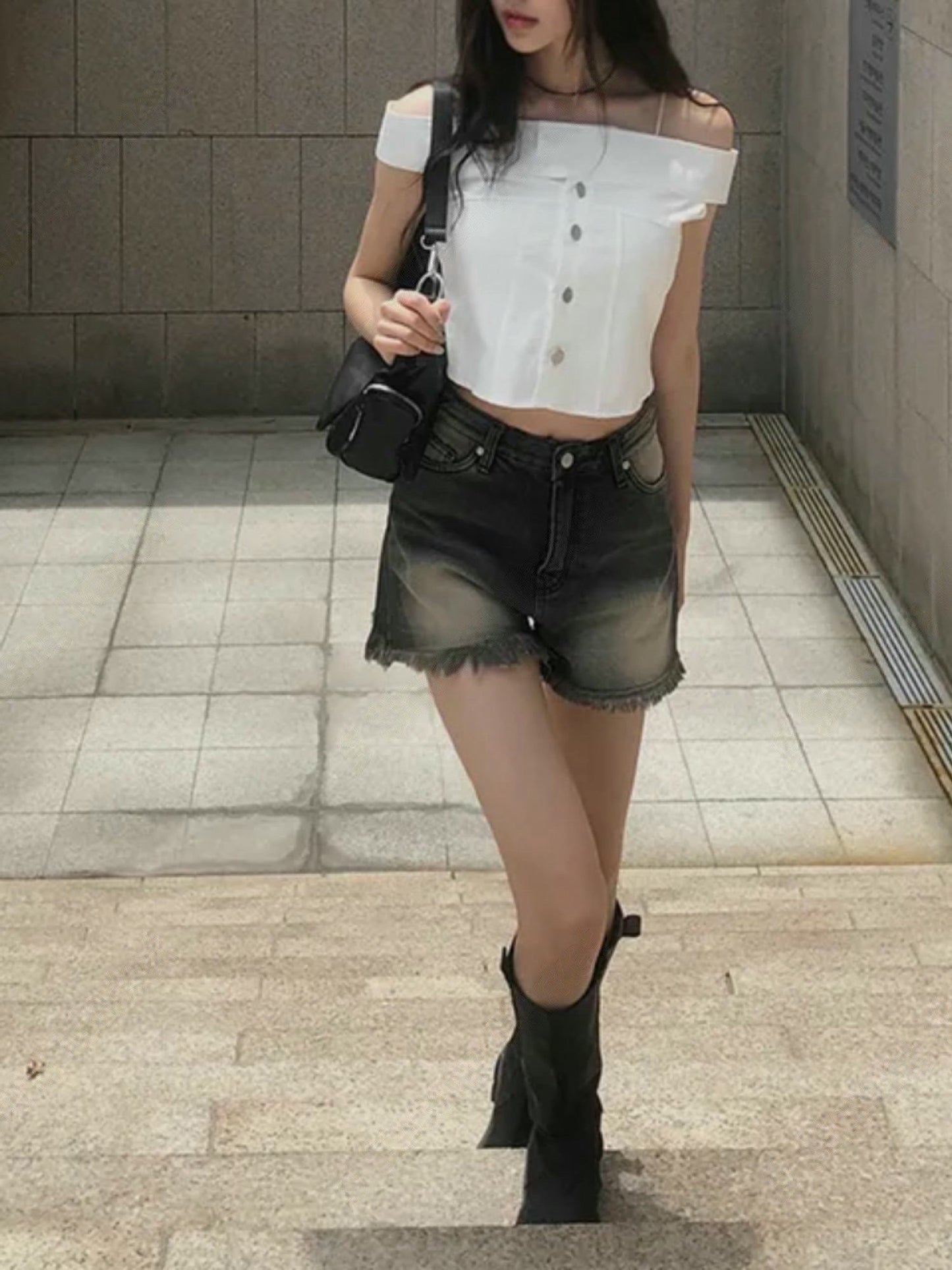 洗水高腰流蘇邊短褲