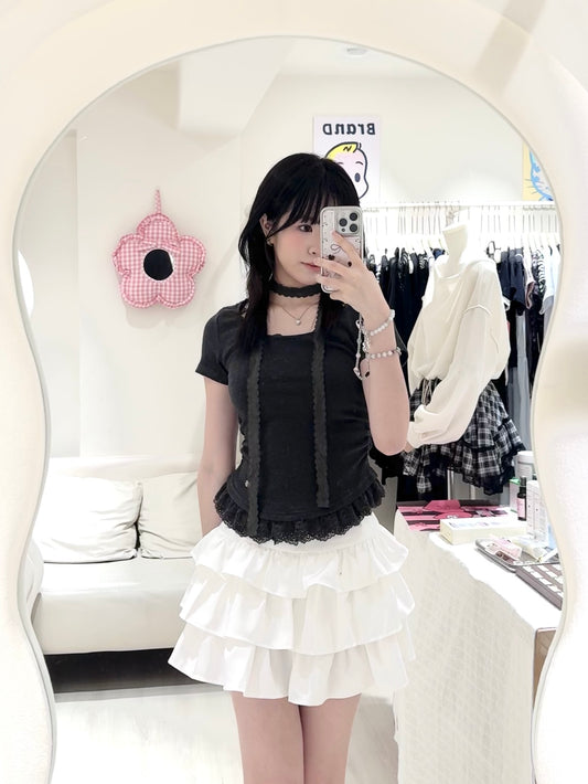 甜辣蕾絲抽褶上衣連蕾絲頸繩