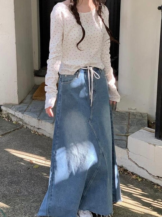 韓系A-Line九分牛仔長裙