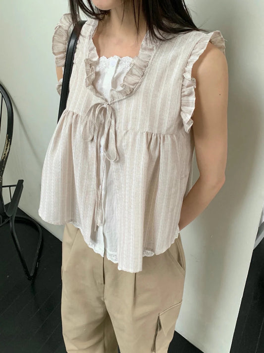 假兩件花邊直紋上衣