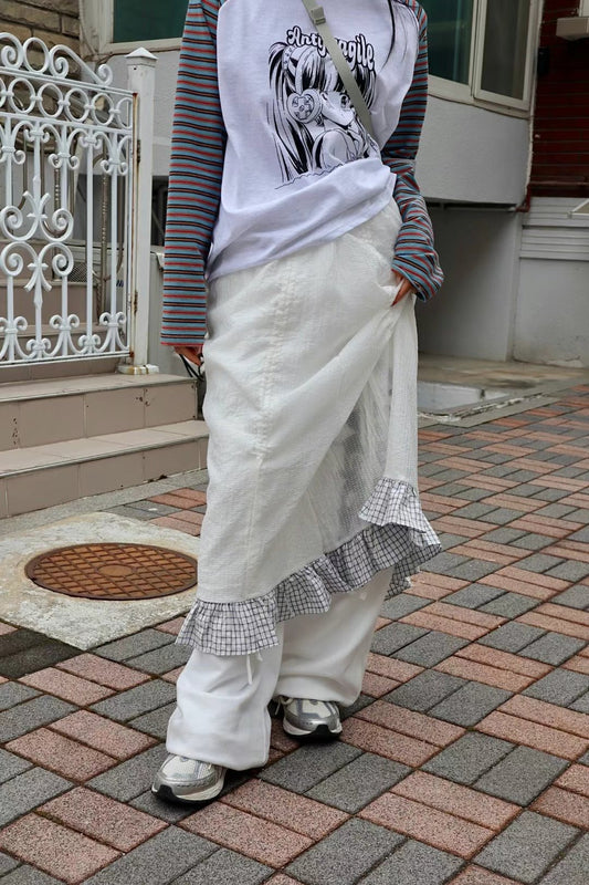 日系格仔花紋抽繩長裙