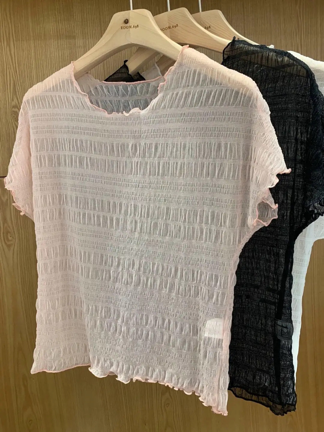 皺皺格紋寬鬆透透tee