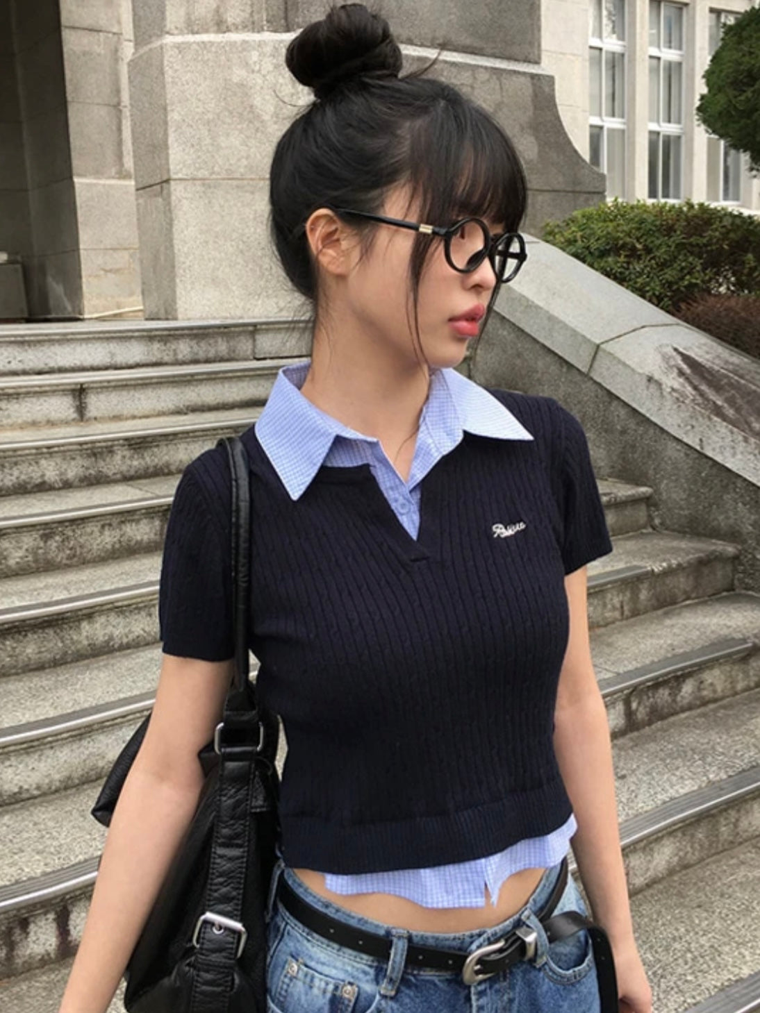 假兩件麻花針織襯衫