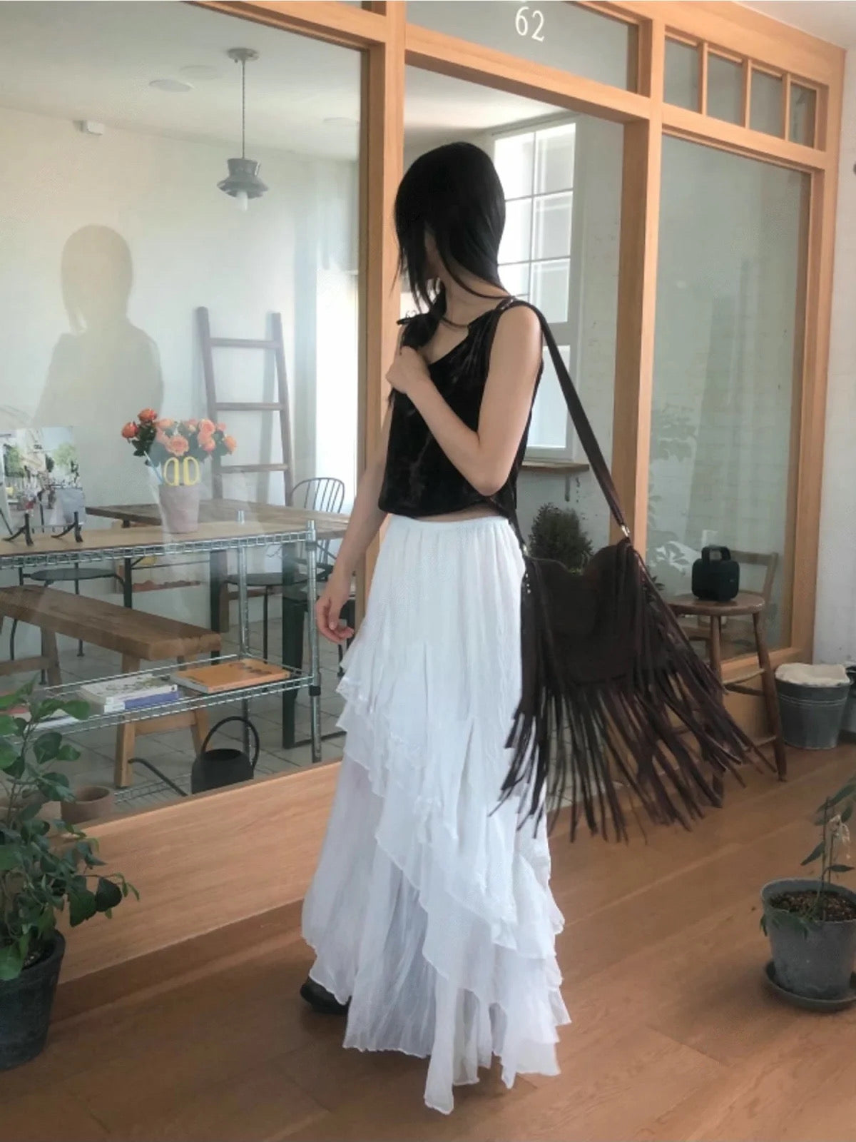 高品質⸜♡⸝斜擺蕾絲鬆緊腰長裙