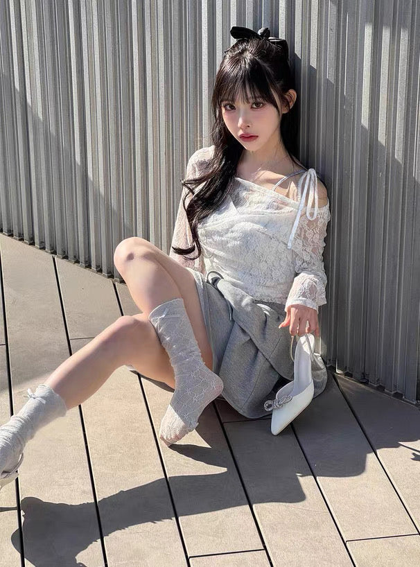 韓系蕾絲綁帶透膚上衣