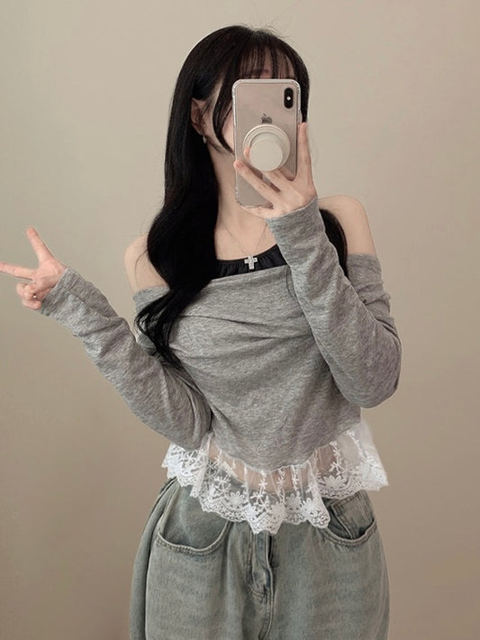 蕾絲層疊掛頸長tee