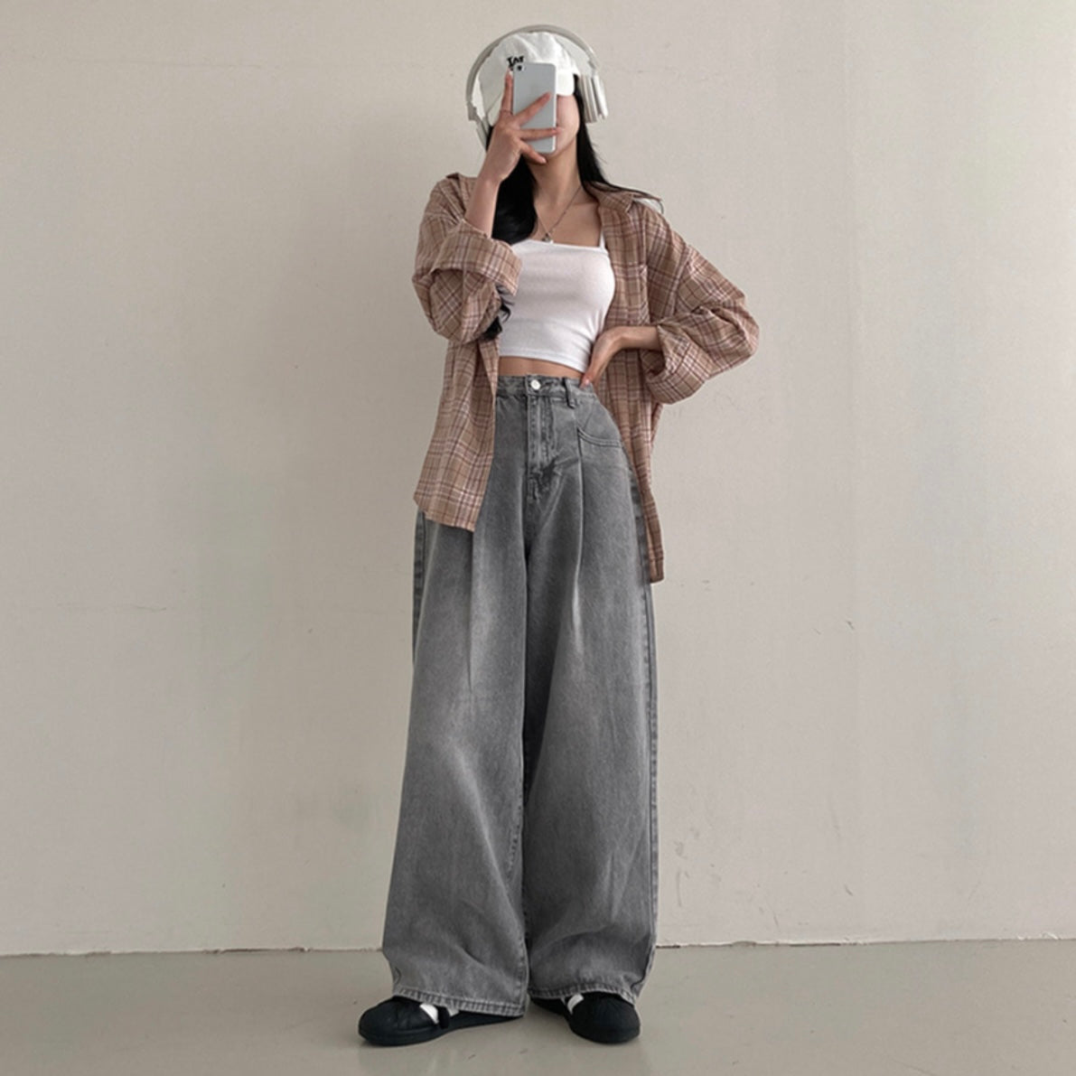 自留♡︎打褶洗水牛仔寬褲