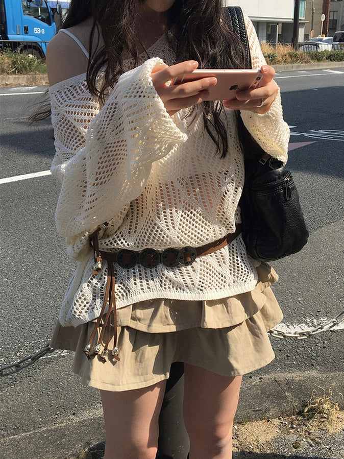 菱格紋縷空上衣+腰帶Set