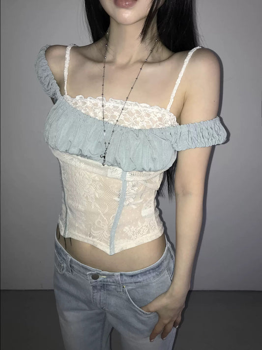 2ways蕾絲接拼褶皺上衣