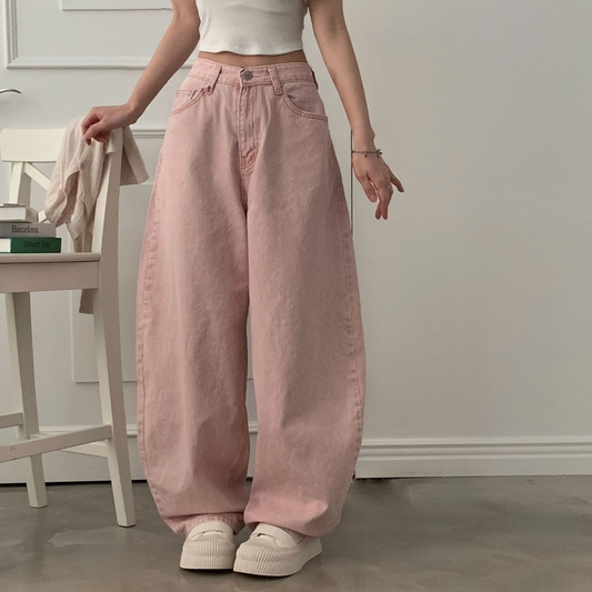 後心心口袋寬腿牛仔褲