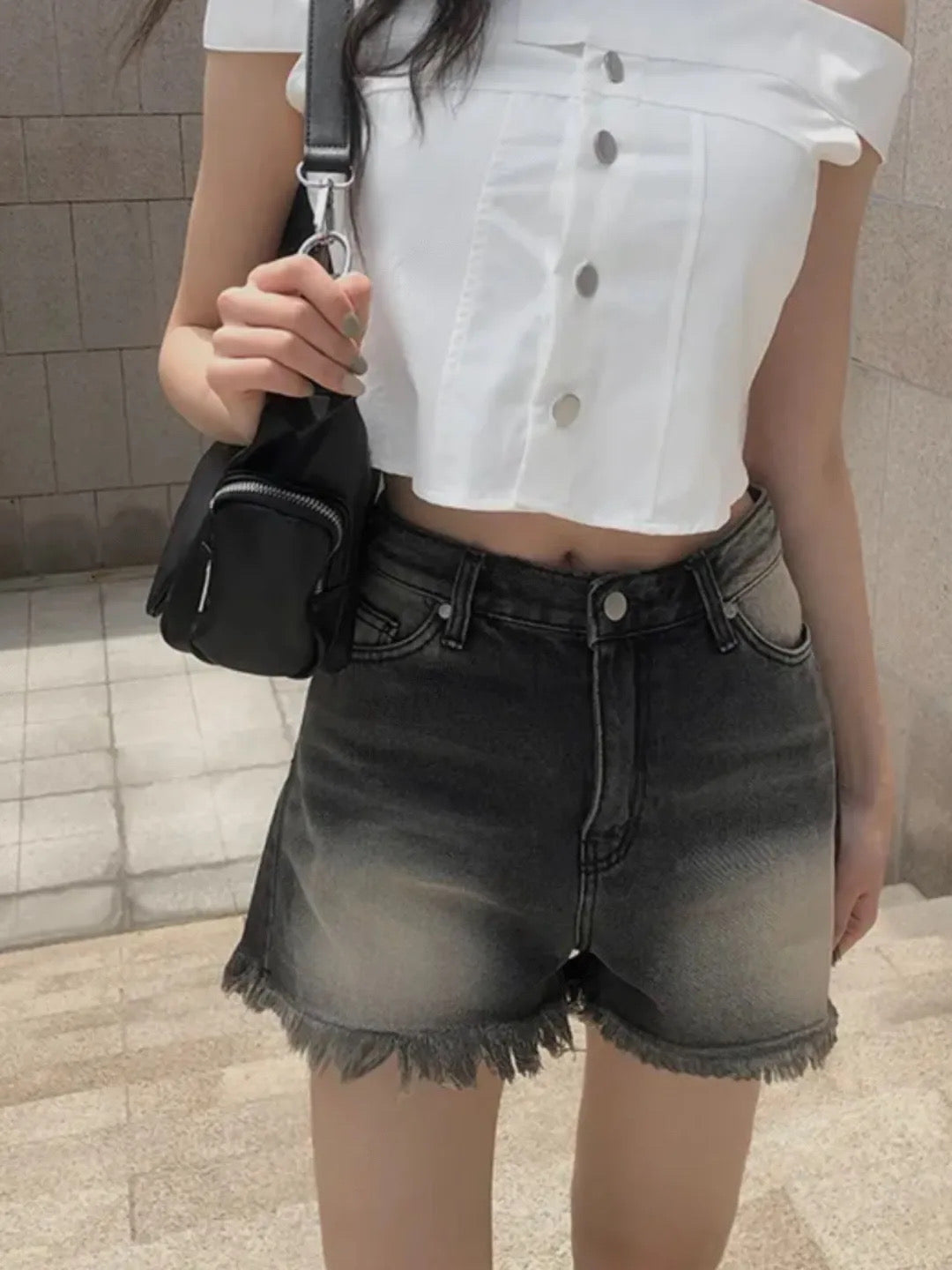 洗水高腰流蘇邊短褲