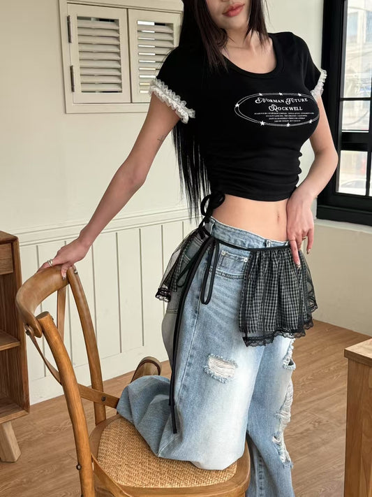 日系花邊抽繩短tee