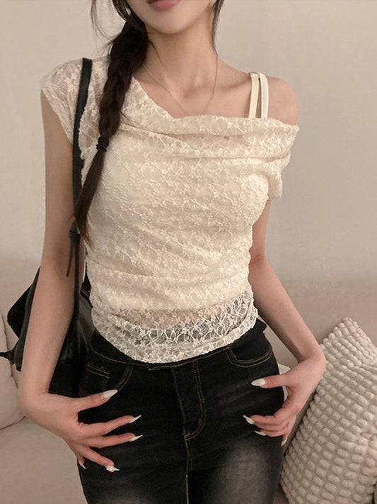 蕾絲皺摺上衣+小背心Set