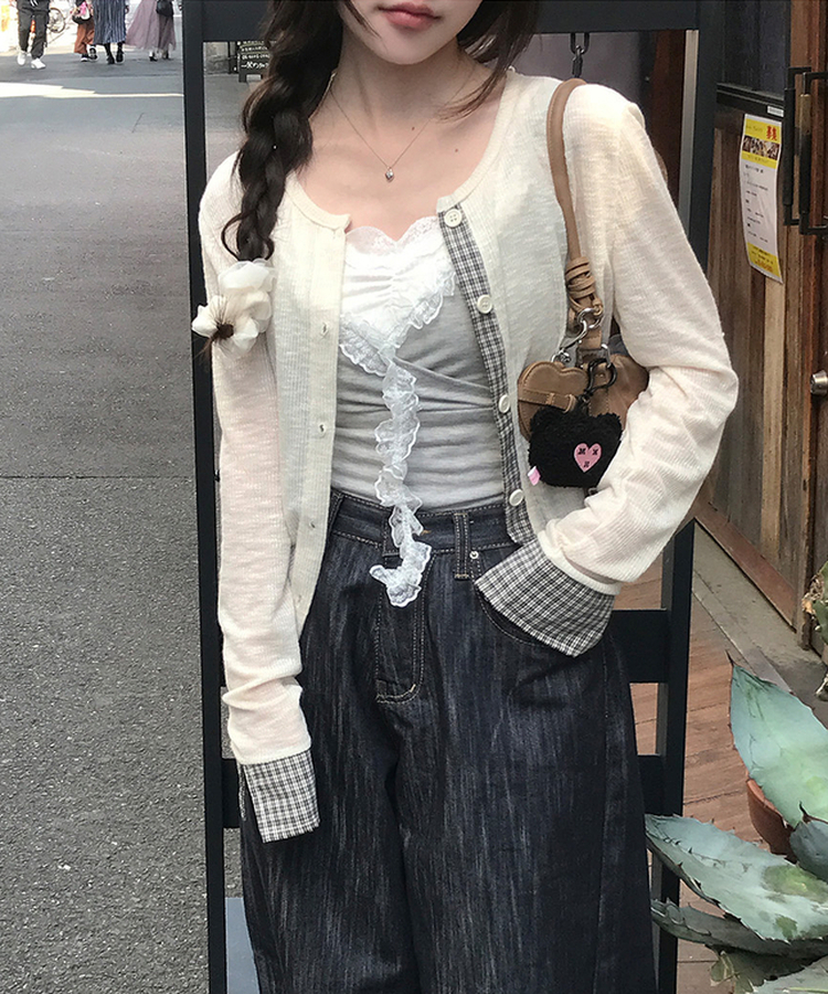 夏日開衫ೀ格紋拼邊上衣