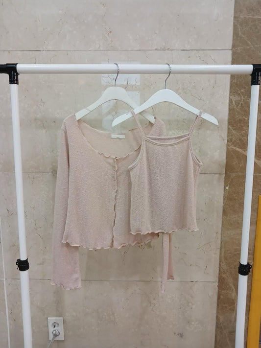 軟綿綿半鈕扣外套+背心Set