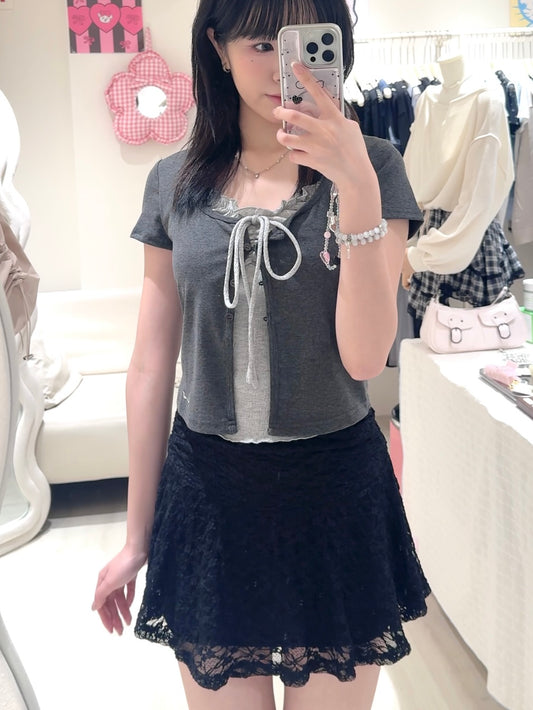 假兩件花邊上衣+蕾絲短裙套裝