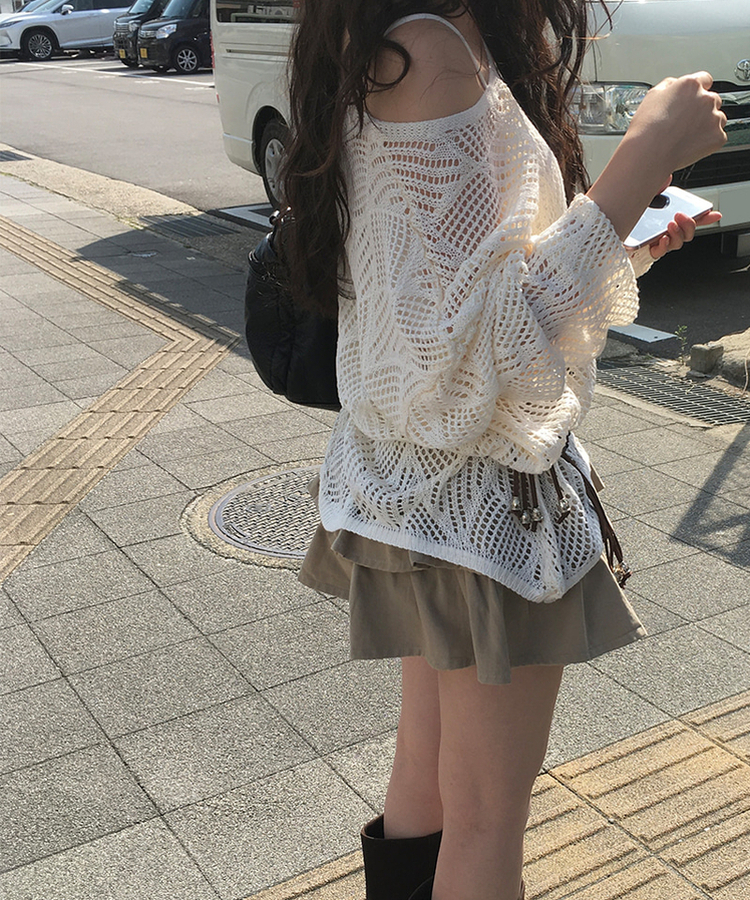 菱格紋縷空上衣+腰帶Set
