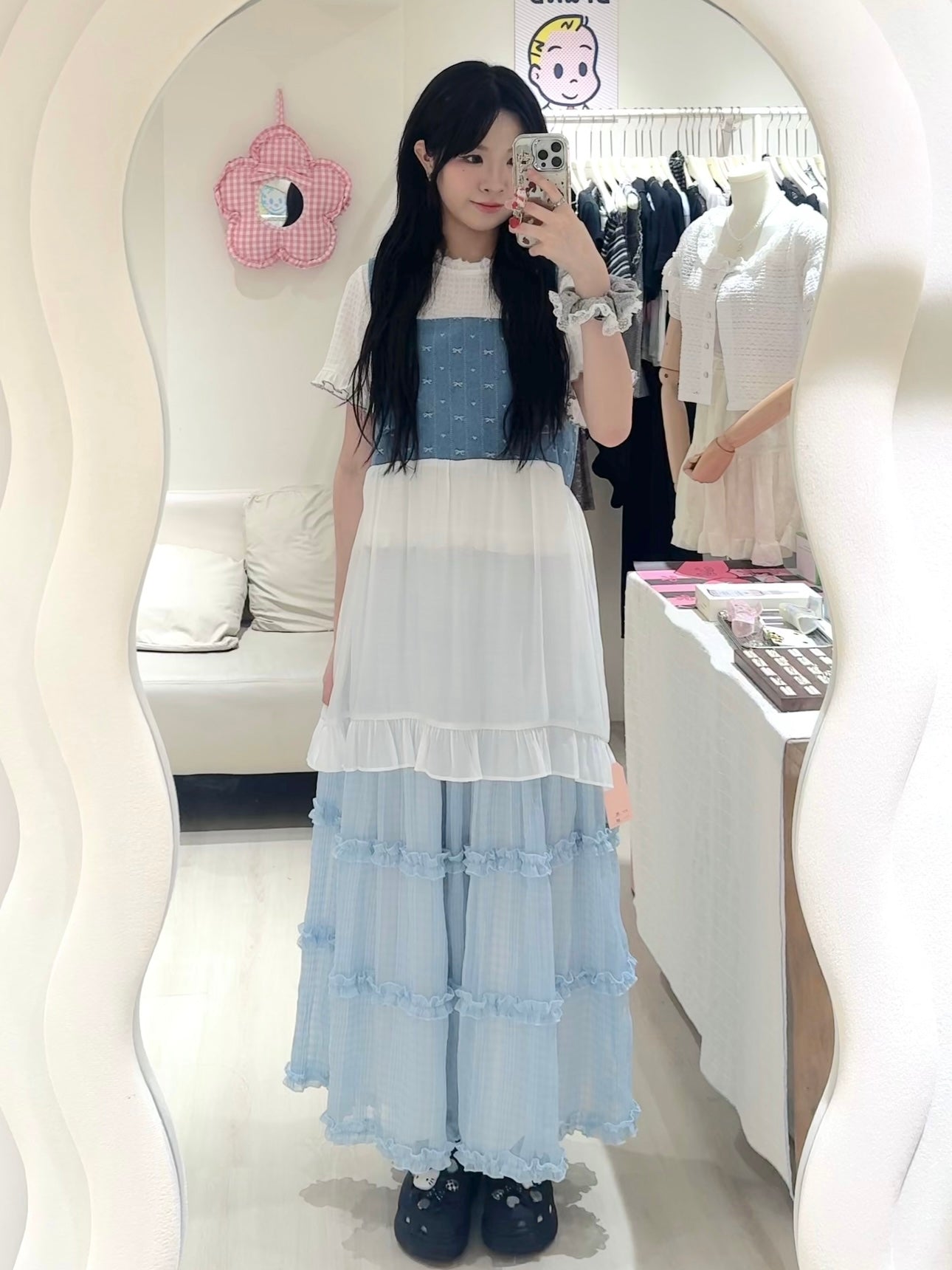 蝴蝶結牛仔拼接背心套裝