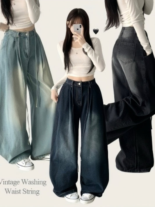 復古水洗綁帶細褶牛仔褲