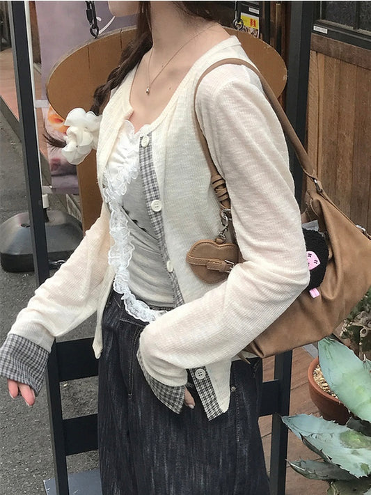 夏日開衫ೀ格紋拼邊上衣