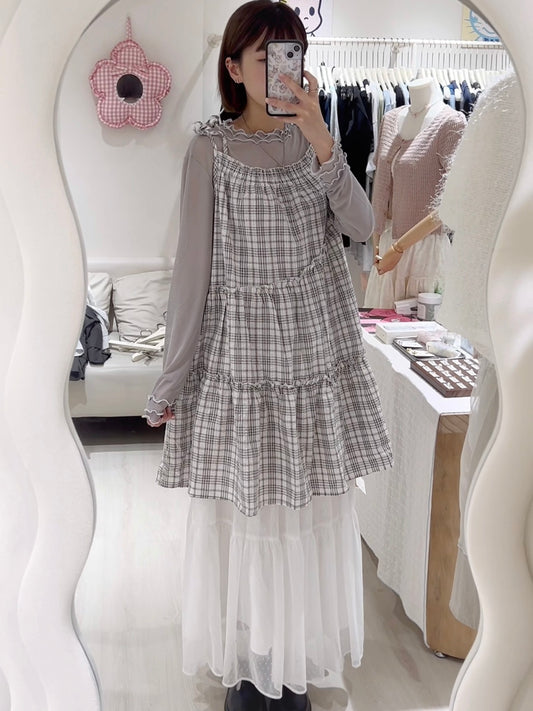 Ruffle tee+奶油格紋綁帶OPS