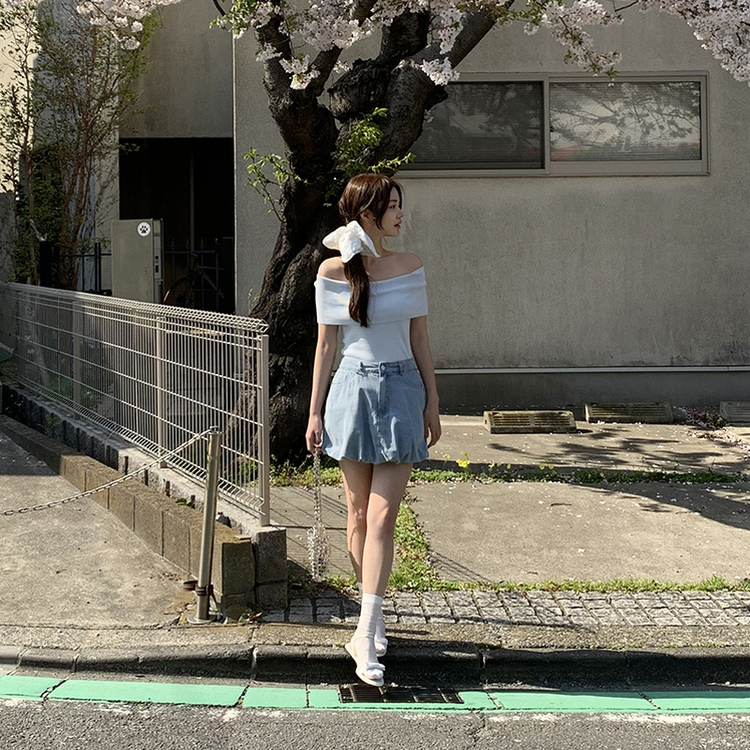 牛仔材質*๑♡可愛花苞短裙