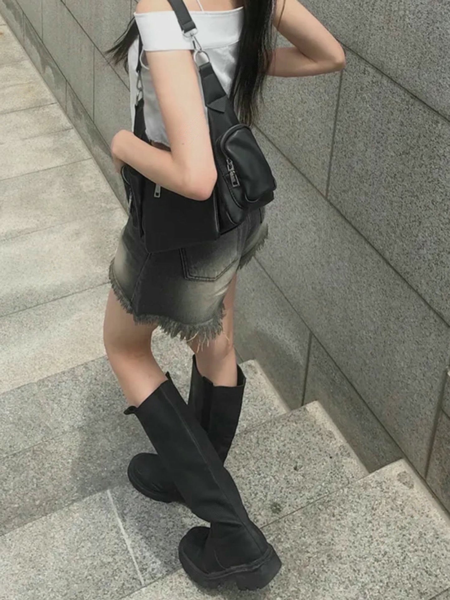 洗水高腰流蘇邊短褲
