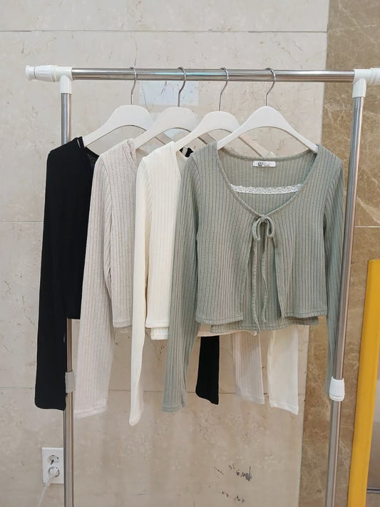 韓系花邊背心+綁帶外套Set