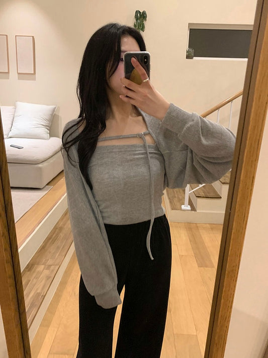 平口背心+一字扣外套Set