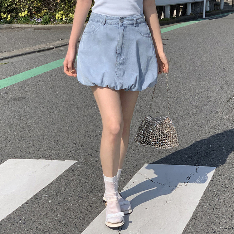 牛仔材質*๑♡可愛花苞短裙