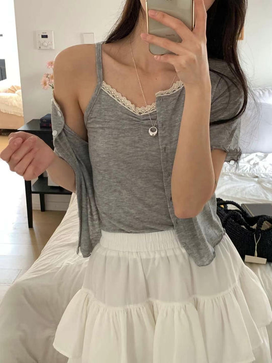 花邊抓皺背心+短袖外套Set