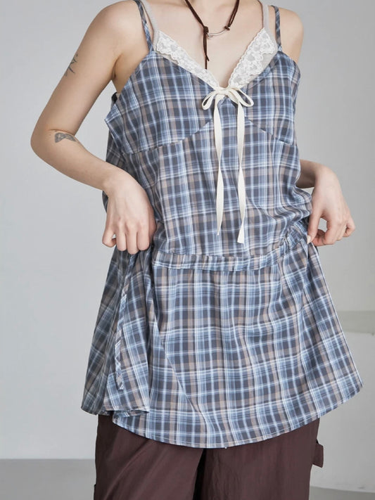 格紋抽繩中長款背心