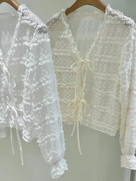 蕾絲波點花邊泡泡袖罩衫