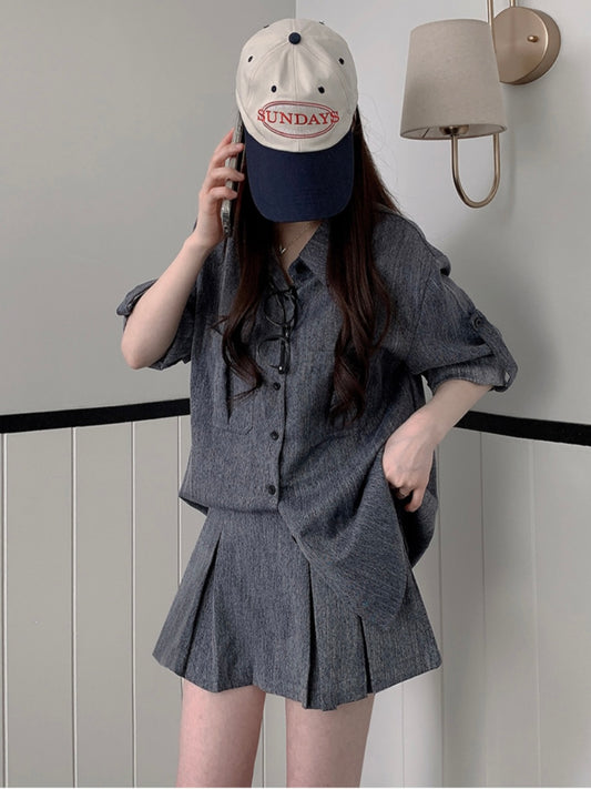 韓系休閒襯衫+百褶短裙Set