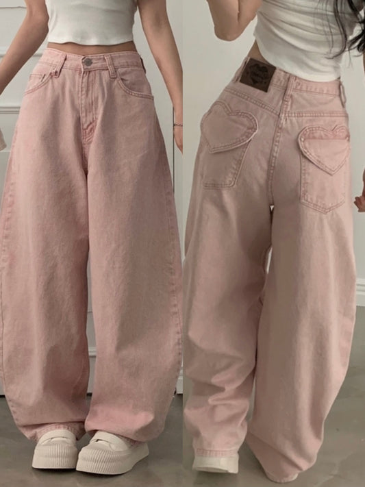 後心心口袋寬腿牛仔褲