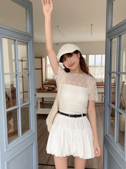 百搭單品୨୧🤍蕾絲透膚短tee