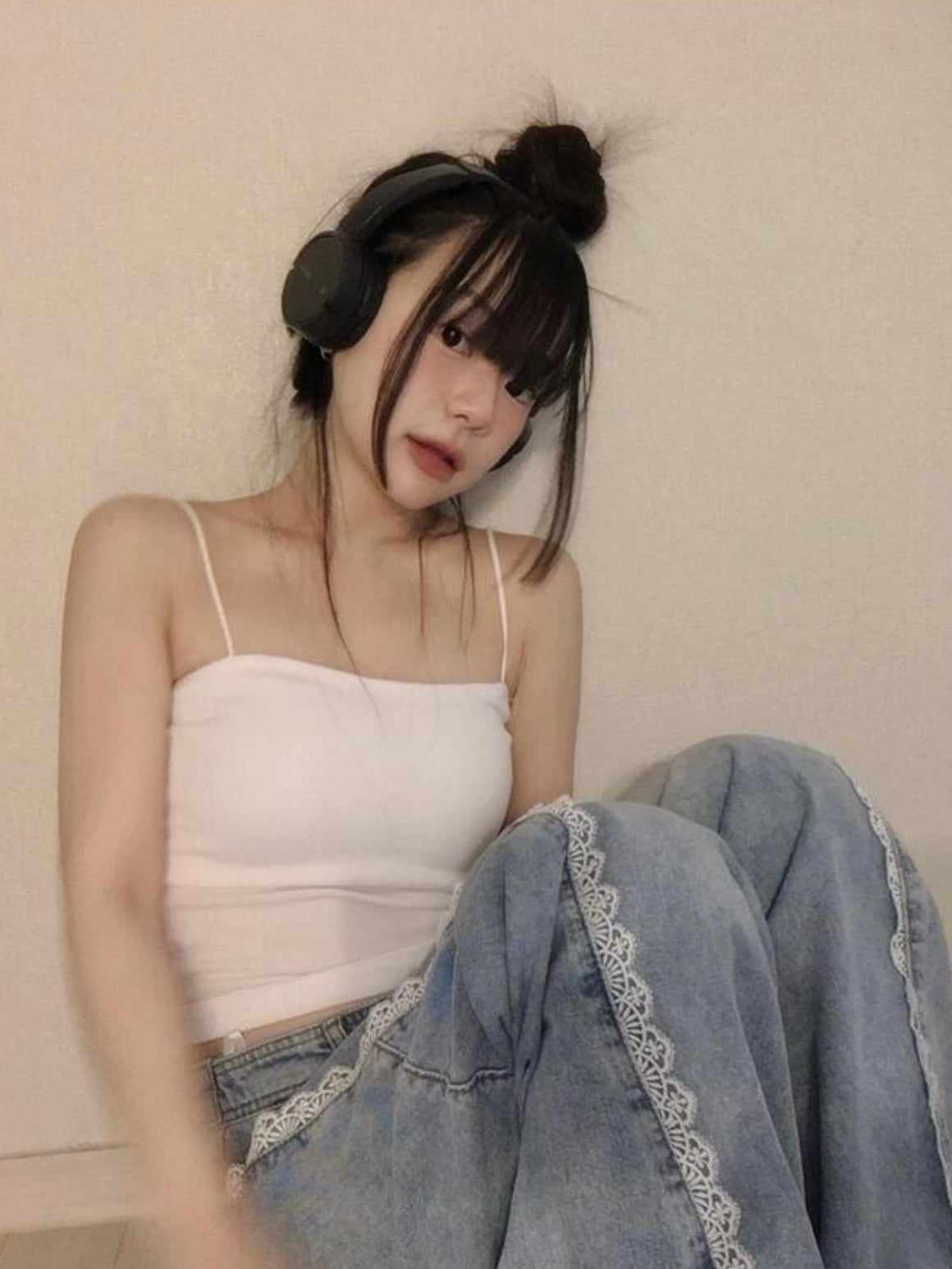 韓網新品🇰🇷蕾絲邊闊腳牛仔褲