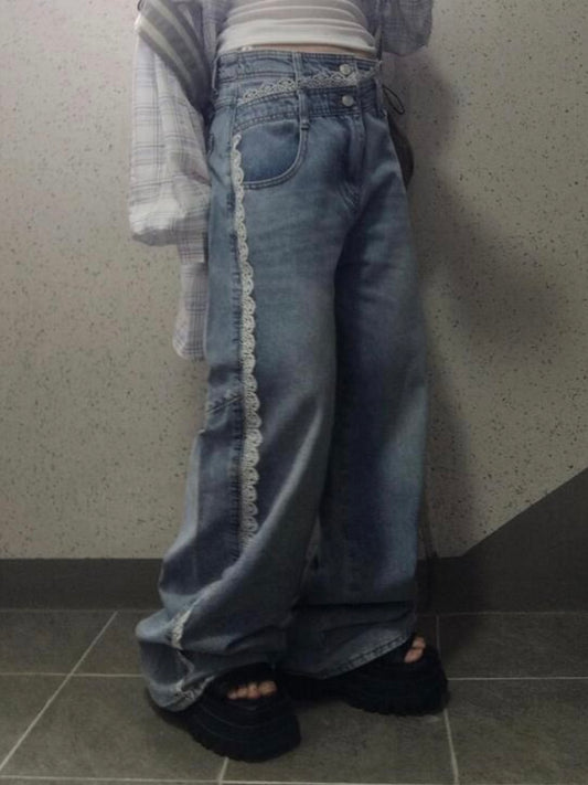 韓網新品🇰🇷蕾絲邊闊腳牛仔褲